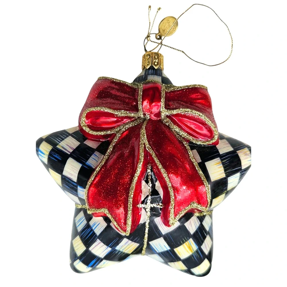 RARE MacKenzie-Childs Courtly Check Star w/ Bow Ornament Black White Red + Box